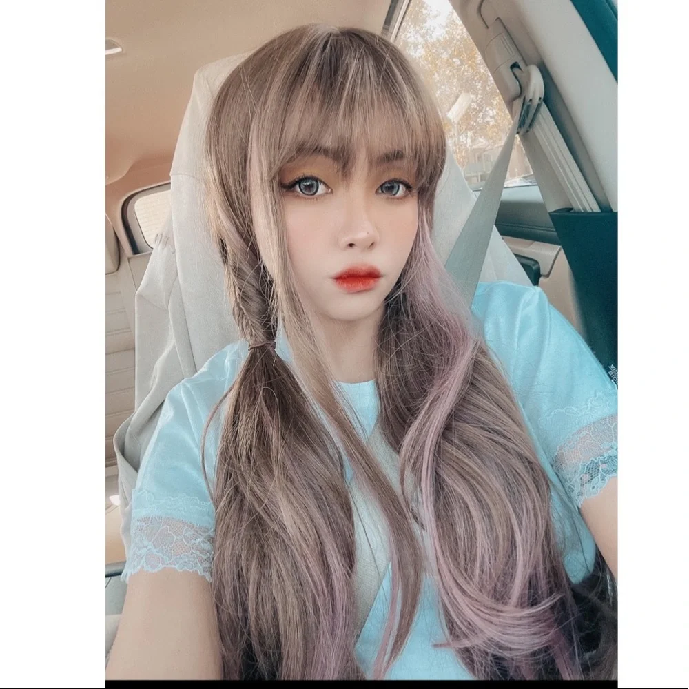 Natural Wave Synthetic Wig Bangs Glueless Cosplay Costume 24 inches pink brown